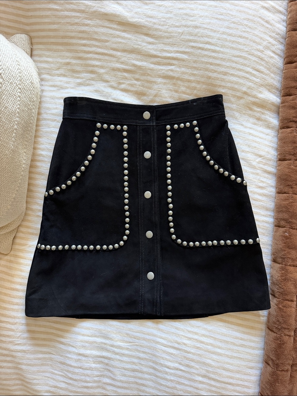 Nasty Gal 100% Leather Black Mini Skirt with Silver Stud Trim